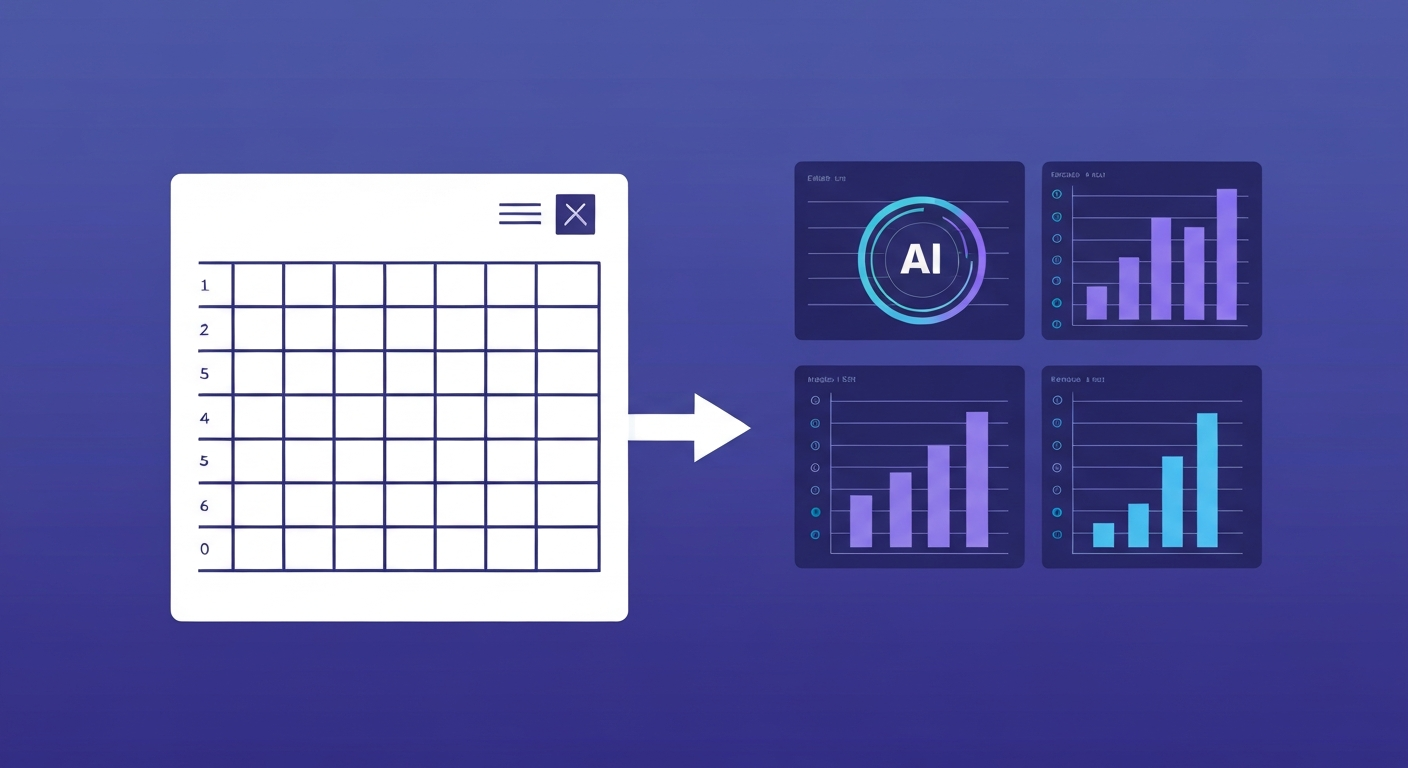 Spreadsheet grid transforming into AI-powered financial dashboard