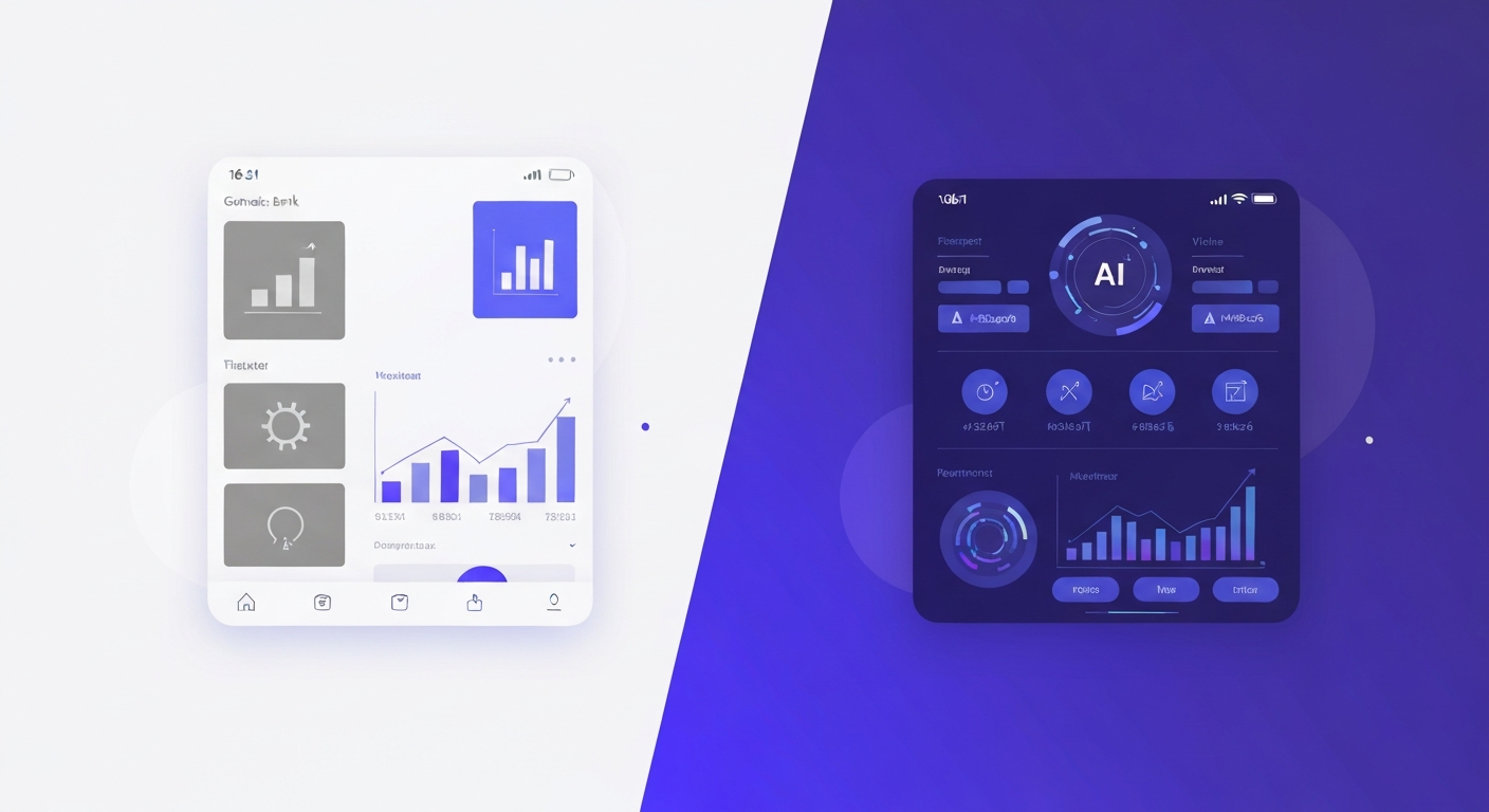 Split-screen comparison of a traditional bank app versus an AI-powered money manager dashboard