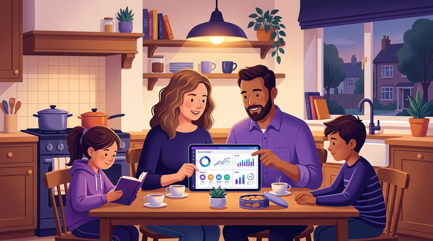 Family reviewing a financial wellness dashboard on a tablet